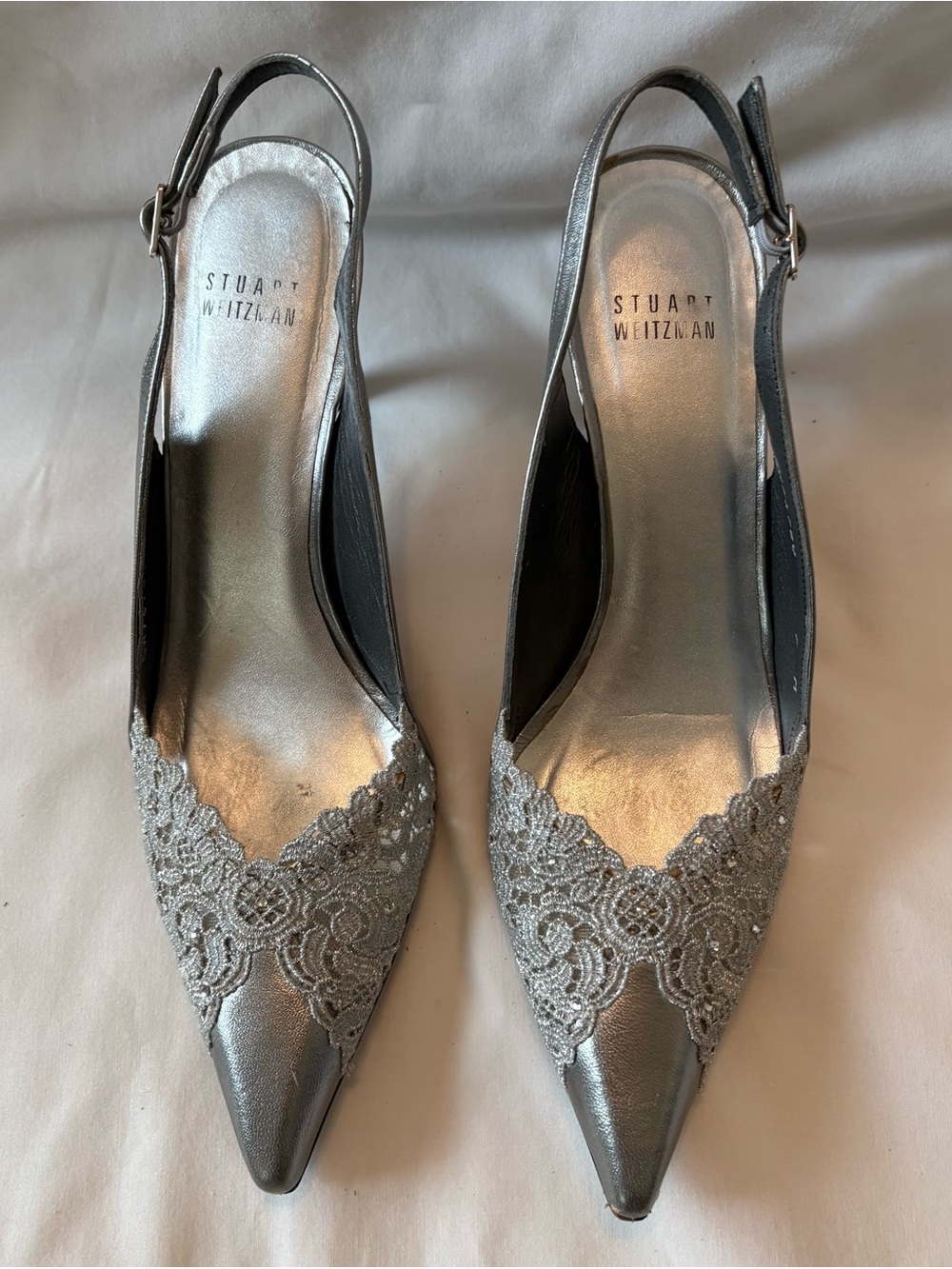 Stuart Weitzman Silver Slingback Stiletto Heels Pointed Toe Lace Beaded Size 7